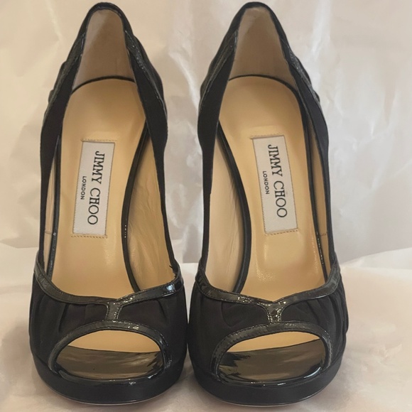 NIB! Jimmy Choo Satin Patent Leather Peep Toe Heels 38.5 MSRP $830 - Picture 1 of 15